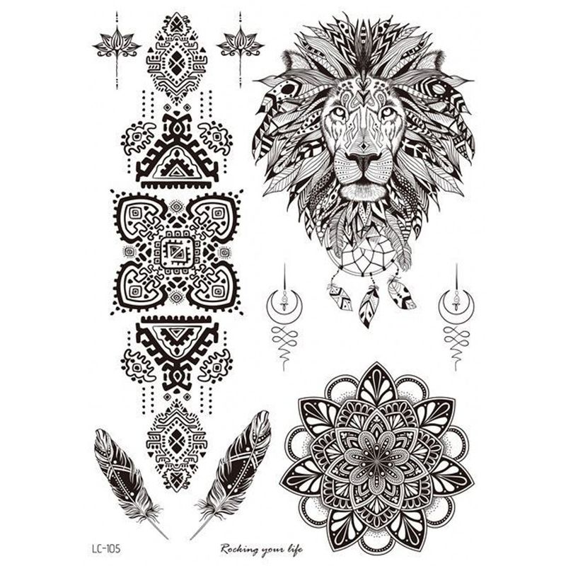 Tatuaje-temporal-falso-leon-mandala-plumas-flor-de-loto-21-x-15cm