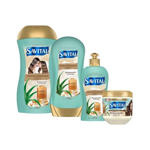 Pack SAVITAL Aminoácidos Shampoo 510ml + Acondicionador 490ml + Tratamiento Capilar 425ml + Crema para Peinar 490ml