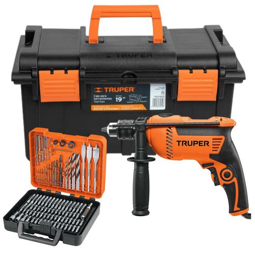 Taladro 600w  + caja de herramientas + puntas y brocas 100pzas truper