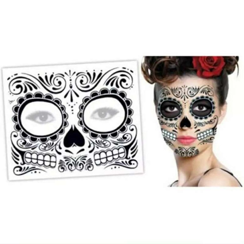 Sticker-Tatuaje-Temporal-Catrina-blanco-y-negro-disfraz-Halloween-