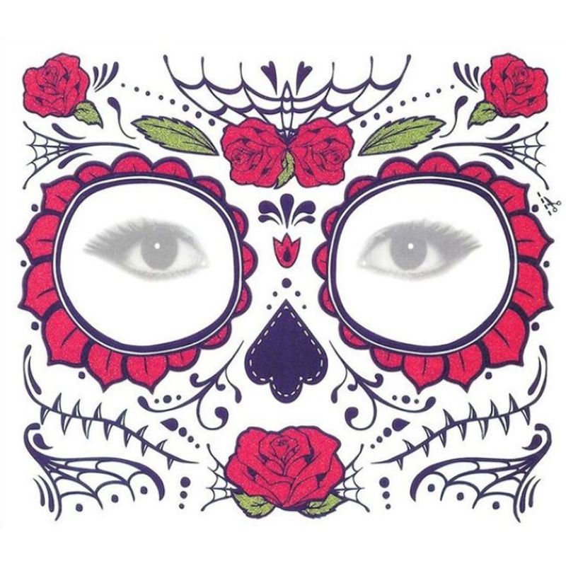 Sticker-Tatuaje-Temporal-Catrina-rosas-rojas-disfraz-Halloween-