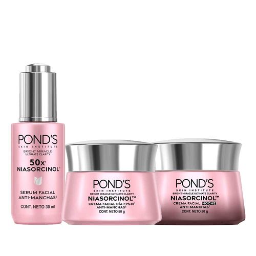 Pack PONDS Bright Miracle Niasorcinol Crema Facial Antimanchas Día FPS30 50g + Crema Facial Noche 50g + Sérum Antimanchas 30ml