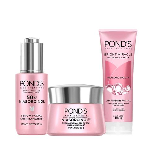 Pack PONDS Bright Miracle Niasorcinol Crema Facial Antimanchas Día FPS30 50g + Crema Facial Noche 50g + Limpiador Facial 100g + Sérum 30ml