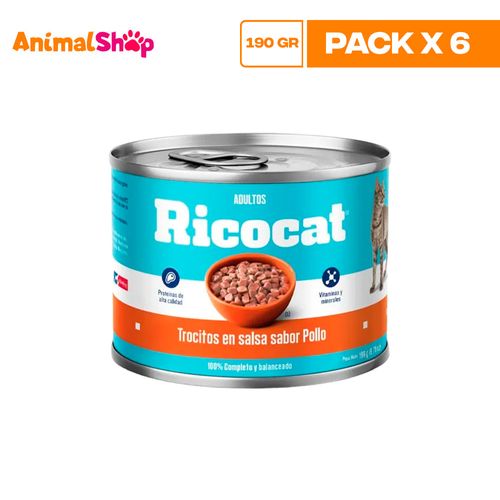 RICOCAT ADULTO TROCITOS EN SALSA POLLO LTA 190GR X6 UN