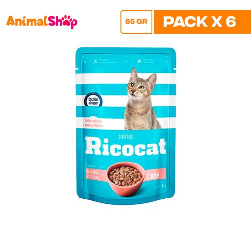 RICOCAT CACHORRO TROCITOS CARNE POUCH 85GR X6 UN