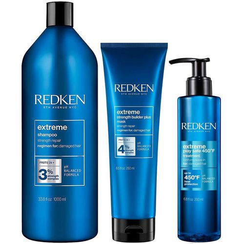 Shampoo 1000ml +Mascarilla +Protector Térmico Play Safe Redken Extreme