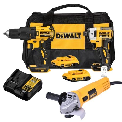 Taladro Per 1/2"+Atornillador de Imp 1/4"+Amoladora 4 1/2"Dewalt DCK223-K4