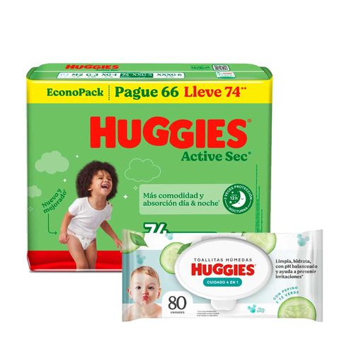 Pack Pañal Bebé HUGGIES Active Sec XXG 74un + Toallitas Húmedas Bebé HUGGIES One & Done 80un