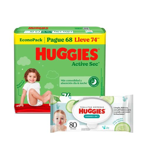 Pack Pañal Bebé HUGGIES Active Sec XG 74un + Toallitas Húmedas Bebé HUGGIES One & Done 80un