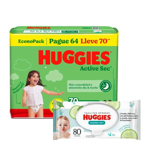 Pack Pañal Bebé HUGGIES Active Sec XXXG 70un + Toallitas Húmedas Bebé HUGGIES One & Done 80un