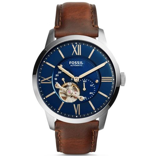 Reloj Fossil Townsman ME3110 Automático Acero Inoxidable Correa de Cuero Marrón Dial Azul