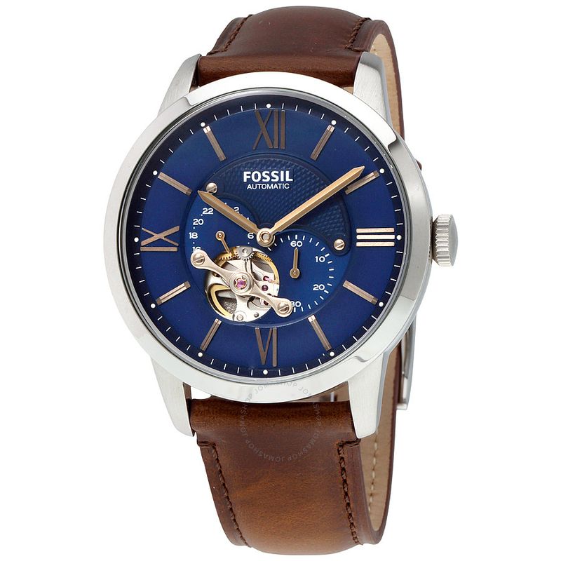 Reloj-Fossil-Townsman-ME3110-Automatico-Acero-Inoxidable-Correa-de-Cuero-Marron-Dial-Azul