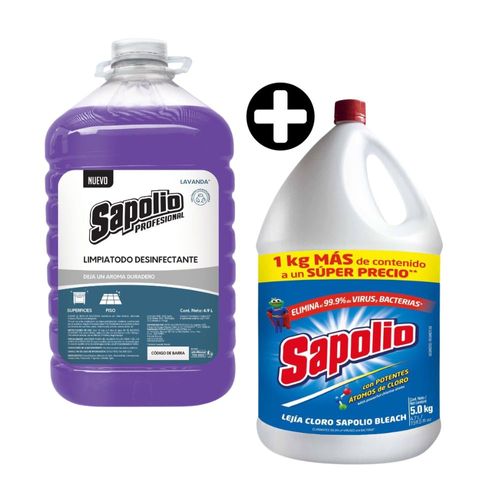 COMBO Limpieza Sapolio: Limpiatodo Lavanda 4.9 litros + Lejía Original 5 litros