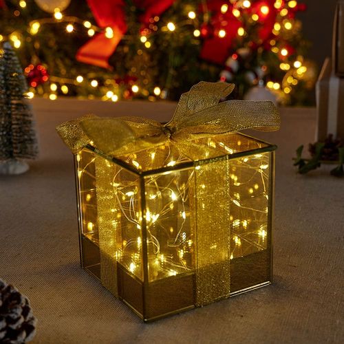 Caja de regalo con luz Led 10x10cm Colección Dorada Orange