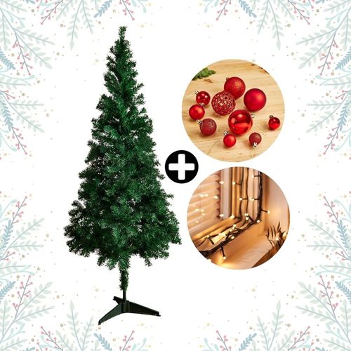 COMBO Navideño Colección Roja Orange: Árbol de navidad 180cm con 530 ramas + Set de 88 Bolas Rojas + Tira 10m de 200 luces LED Cálida