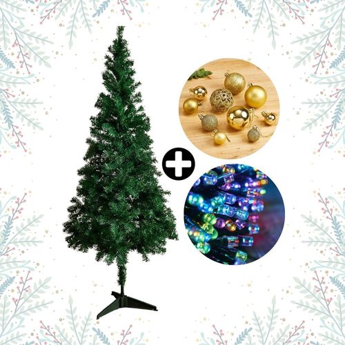 COMBO Navideño Colección Dorada Orange: Árbol de navidad 180cm con 530 ramas + Set de 88 Bolas Doradas + Tira 10m 200 luces LED Multicolor