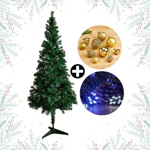 COMBO Navideño Colección Dorada Orange: Árbol de navidad 180cm con 530 ramas + Set de 88 Bolas Doradas + Tira 10m de 200 luces LED Fría