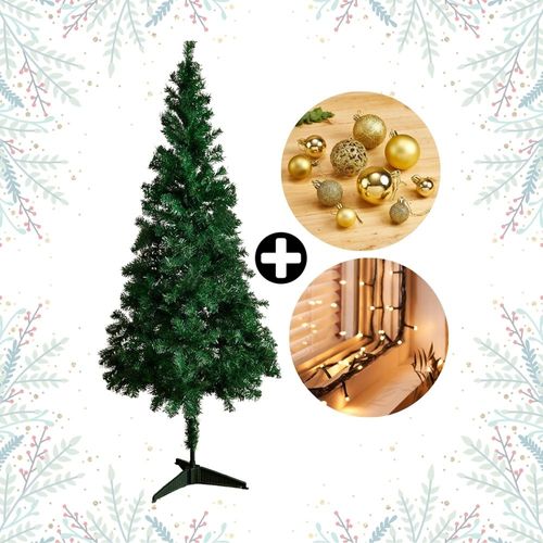 COMBO Navideño Colección Dorada Orange: Árbol de navidad 180cm con 530 ramas + Set de 88 Bolas Doradas + Tira 10m de 200 luces LED Cálida