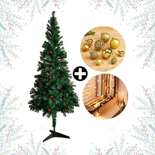 COMBO Navideño Colección Dorada Orange: Árbol de navidad con Berries 180cm con 530 ramas + Set de 88 Bolas Doradas + Tira 10m de 200 luces LED Cálida