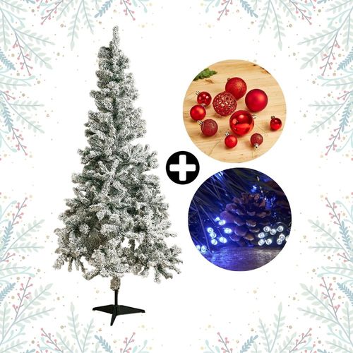 COMBO Navideño Colección Roja Orange: Árbol de navidad Nevado 180cm con 530 ramas + Set de 88 Bolas Rojas + Tira 10m de 200 luces LED Fría