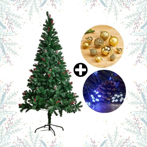 COMBO Navideño Colección Dorada Orange: Árbol de navidad con Berries 210cm con 864 ramas + Set de 88 Bolas Doradas + Tira 10m de 200 luces LED Fría