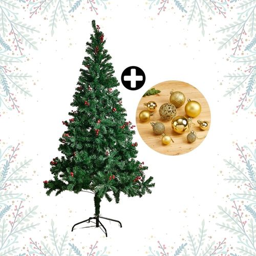 COMBO Navideño Colección Dorada Orange: Árbol de navidad con Berries 210cm con 864 ramas + Set de 88 Bolas Doradas