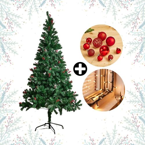 COMBO Navideño Colección Roja Orange: Árbol de navidad con Berries 210cm con 864 ramas + Set de 88 Bolas Rojas + Tira 10m de 200 luces LED Cálida