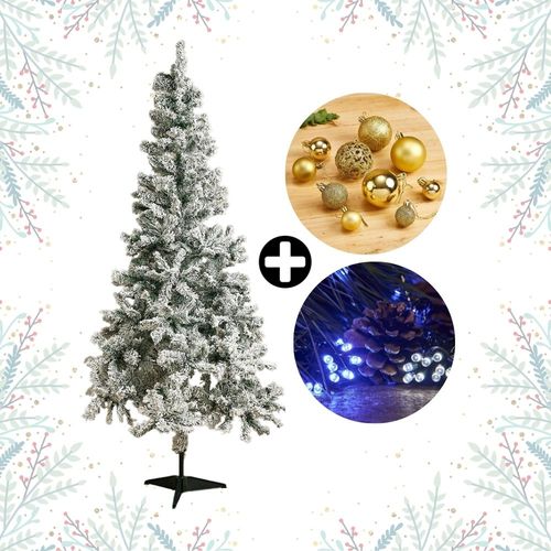 COMBO Navideño Colección Dorada Orange: Árbol de navidad Nevado 180cm con 530 ramas + Set de 88 Bolas Doradas + Tira 10m de 200 luces LED Fría