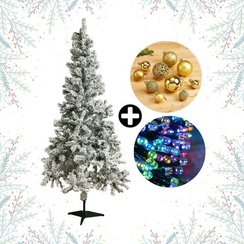 COMBO Navideño Colección Dorada Orange: Árbol de navidad Nevado 180cm con 530 ramas + Set de 88 Bolas Doradas + Tira 10m 200 luces LED Multicolor