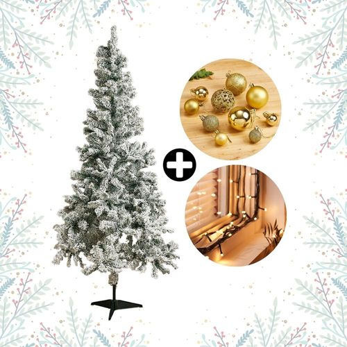 COMBO Navideño Colección Dorada Orange: Árbol de navidad Nevado 180cm con 530 ramas + Set de 88 Bolas Doradas + Tira 10m de 200 luces LED Cálida