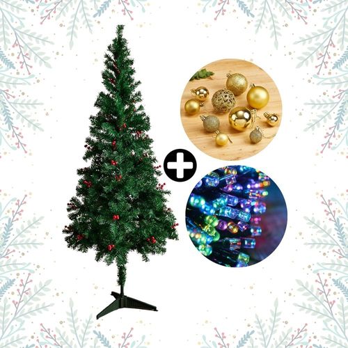 COMBO Navideño Colección Dorada Orange: Árbol de navidad con Berries 180cm con 530 ramas + Set de 88 Bolas Doradas + Tira 10m 200 luces LED Multicolor