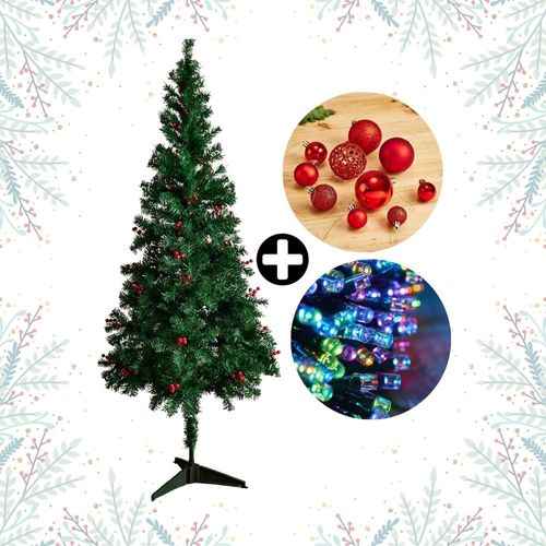 COMBO Navideño Colección Roja Orange: Árbol de navidad con Berries 180cm con 530 ramas + Set de 88 Bolas Rojas + Tira 10m 200 luces LED Multicolor