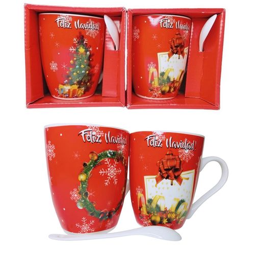 Tazas con cucharita navideñas en cajita 300ml sublimadas