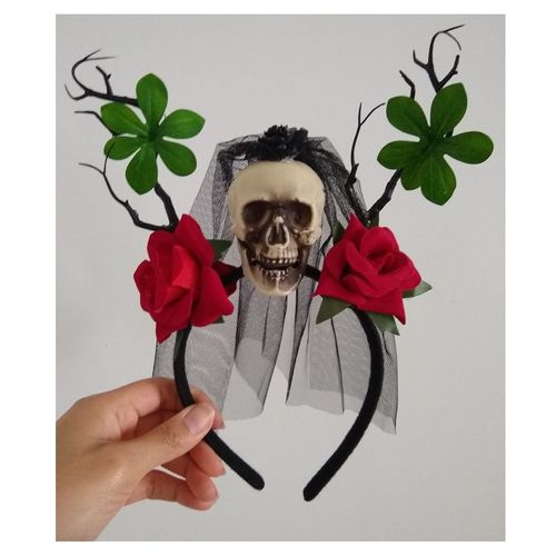 Vincha Catrina calavera rosas velo negro disfraz Halloween