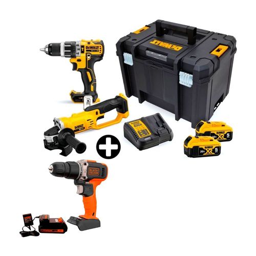 COMBO Taladro Percutor 1/2" + Esmeril Angular 20V DCK209 Dewalt + Taladro Percutor 20V BCD704C1 Black & Decker