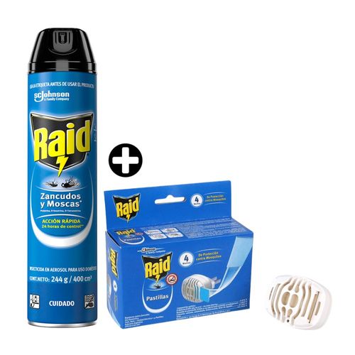 COMBO Aparato Antizancudos + 4 Pastillas Raid + Aerosol Elimina Voladores 400ml Raid