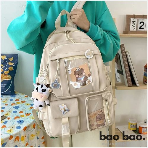 Mochila Kawaii Moda Coreana Colorida con Pines y Peluche para Mujer Niñas - Beige