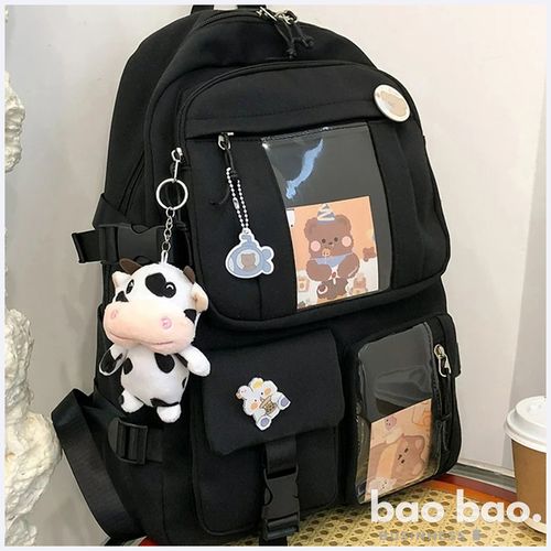 Mochila Kawaii Moda Coreana Colorida con Pines y Peluche para Mujer Niñas - Negro