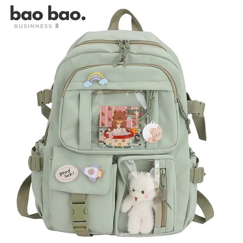 Mochila Kawaii Moda Coreana Colorida con Pines y Peluche para Mujer Niñas - Verde