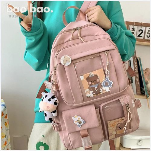 Mochila Kawaii Moda Coreana Colorida con Pines y Peluche para Mujer Niñas - Rosado