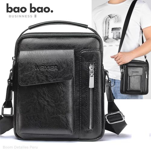 Morral para Hombre Cuero PU Bandolera Casual Impermeable - Negro