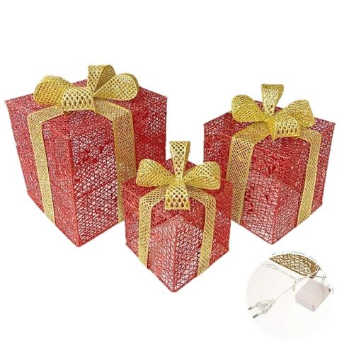 Set de 3 cajas de regalo con luces cesto decorativo para navidad -rojo