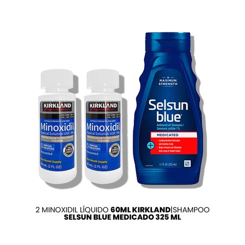 2 Minoxidil Líquido Kirkland|Shampoo Selsun Blue Medicado 325ml