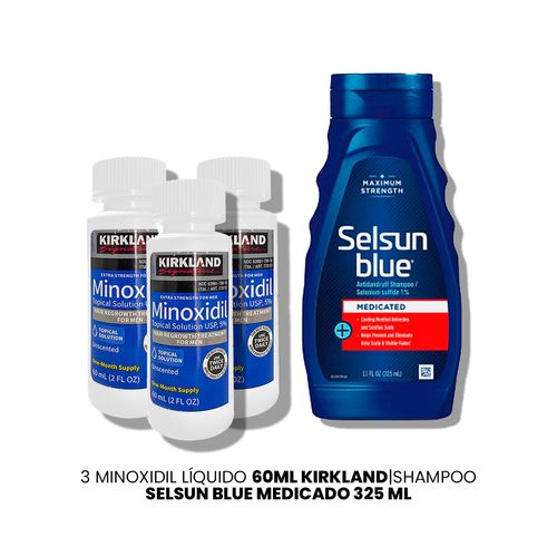 3 Minoxidil Líquido Kirkland|Shampoo Selsun Blue Medicado 325ml