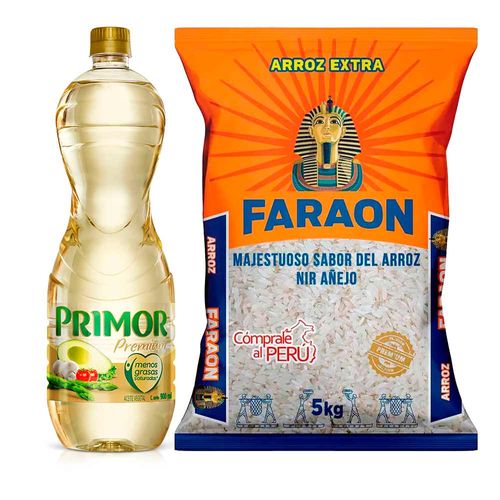 Pack Arroz Extra Añejo FARAON Naranja Bolsa 5kg + Aceite Vegetal PRIMOR Premium Botella 900ml