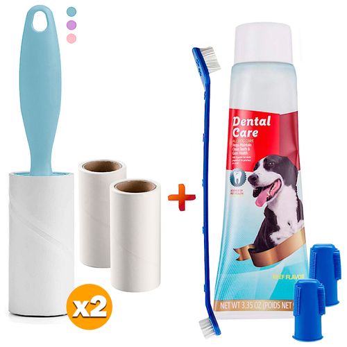 Kit Cepillo+Pasta Dental Perros Y Pack X2 Rodillo Quita Pelusa con Repuestos