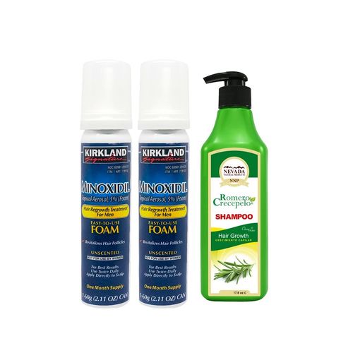 Minoxidil Espuma Kirkland 2 Uni+ Shampoo Romero Crecepelo 320 ml