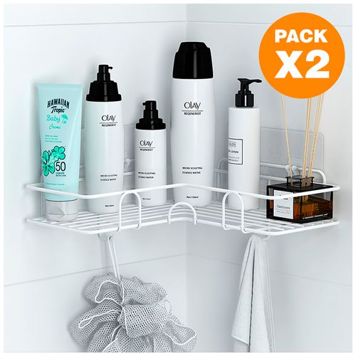 Pack X2 Organizador Esquinero con Ganchos para Baño Blanco W16