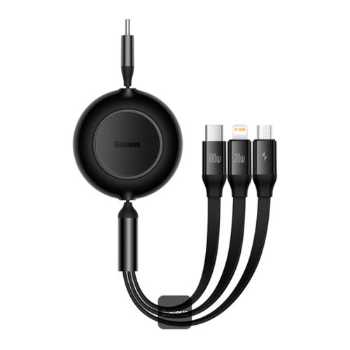 Cable Retráctil 3 en 1, Tipo C a Micro-USB/Lightning/Tipo C, 100W, 1.1M, Carga Rápida, negro