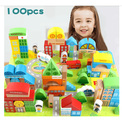 Bloques de construcción de ciudad 100 pcs y tablero de Ludo